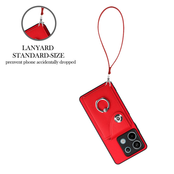 For Xiaomi Redmi Note 13 5G Global Organ Card Bag Ring Holder PU Phone Case with Lanyard(Red)