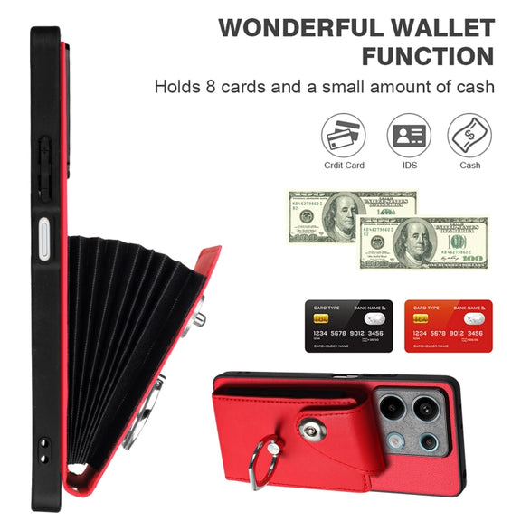 For Xiaomi Redmi Note 13 5G Global Organ Card Bag Ring Holder PU Phone Case with Lanyard(Red)