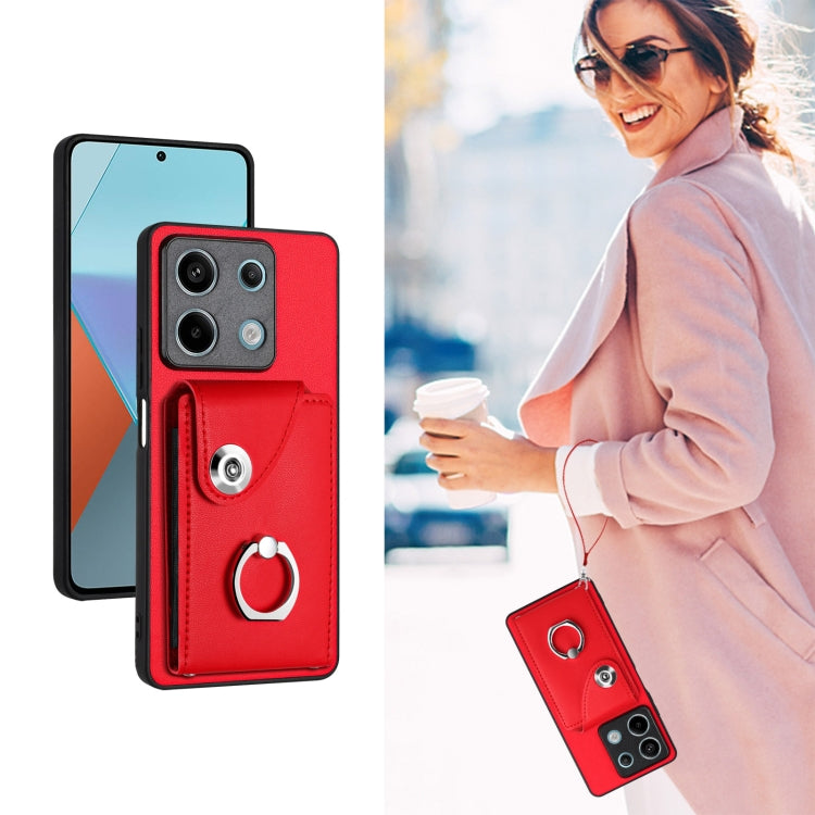 For Xiaomi Redmi Note 13 5G Global Organ Card Bag Ring Holder PU Phone Case with Lanyard(Red) - Note 13 Cases by PMC TechLife | Online Shopping South Africa | PMC TechLife | Buy Now Pay Later Mobicred