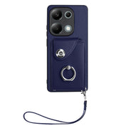 For Xiaomi Redmi Note 13 Pro 4G Global Organ Card Bag Ring Holder PU Phone Case with Lanyard(Blue)