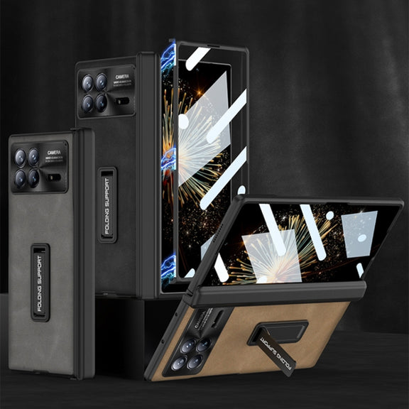 For Xiaomi Mix Fold 3 GKK Integrated Frosted Fold Hinge Leather Phone Case with Holder(Grey)