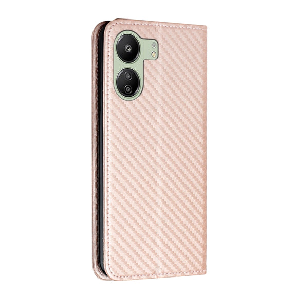 For Xiaomi Redmi 13C Carbon Fiber Texture Flip Holder Leather Phone Case(Rose Gold)