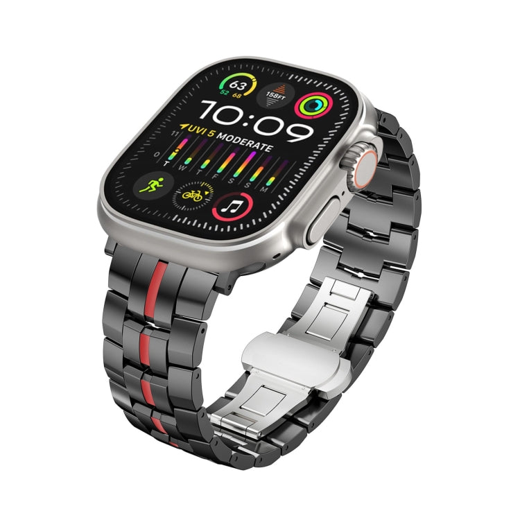 For Apple Watch Ultra 2 49mm Butterfly Buckle 5-Beads Metal Watch Band(Black Red) - Watch Bands by PMC TechLife | Online Shopping South Africa | PMC TechLife