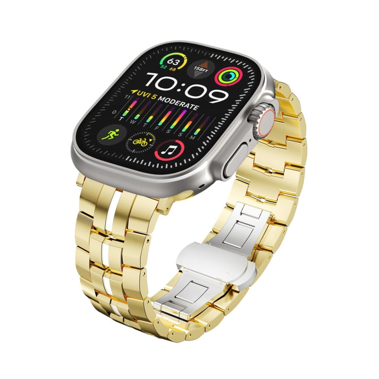 For Apple Watch Ultra 49mm Butterfly Buckle 5-Beads Metal Watch Band(Gold White) - Watch Bands by PMC TechLife | Online Shopping South Africa | PMC TechLife