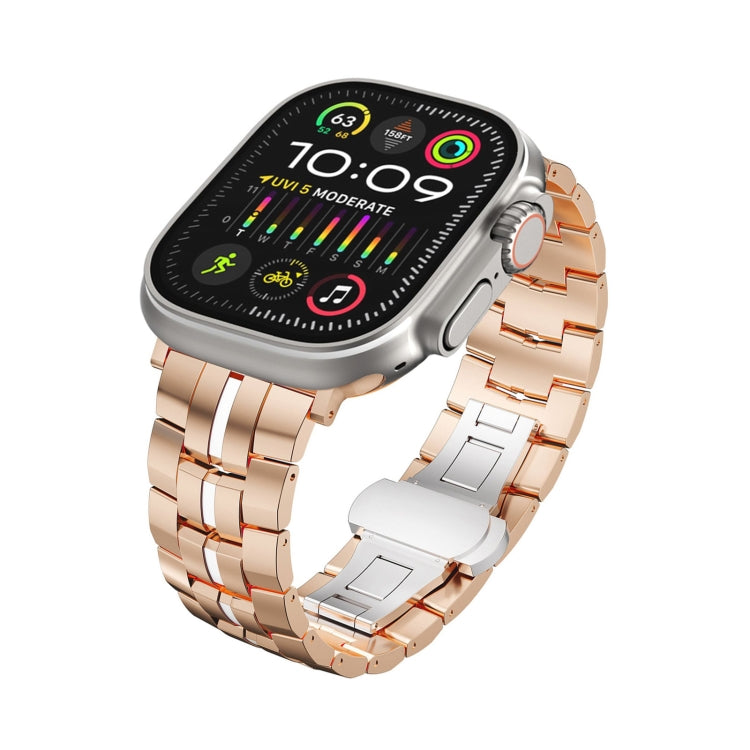 For Apple Watch Ultra 49mm Butterfly Buckle 5-Beads Metal Watch Band(Rose Gold White) - Watch Bands by PMC TechLife | Online Shopping South Africa | PMC TechLife