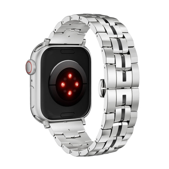 For Apple Watch Series 8 45mm Butterfly Buckle 5-Beads Metal Watch Band(Silver Black)