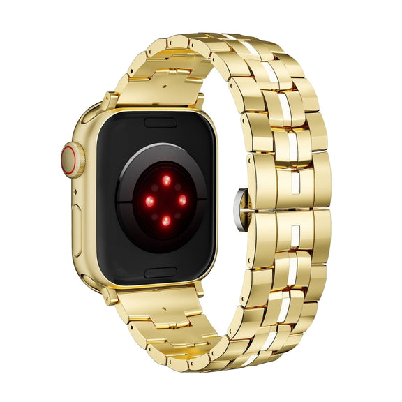 For Apple Watch SE 2022 40mm Butterfly Buckle 5-Beads Metal Watch Band(Gold White)