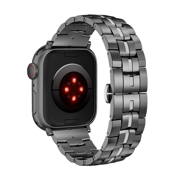 For Apple Watch 38mm Butterfly Buckle 5-Beads Metal Watch Band(Black Silver)