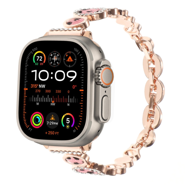 For Apple Watch Ultra 2 49mm Leopard Rhinestones Metal Chain Watch Band(Rose Gold) - Watch Bands by PMC TechLife | Online Shopping South Africa | PMC TechLife