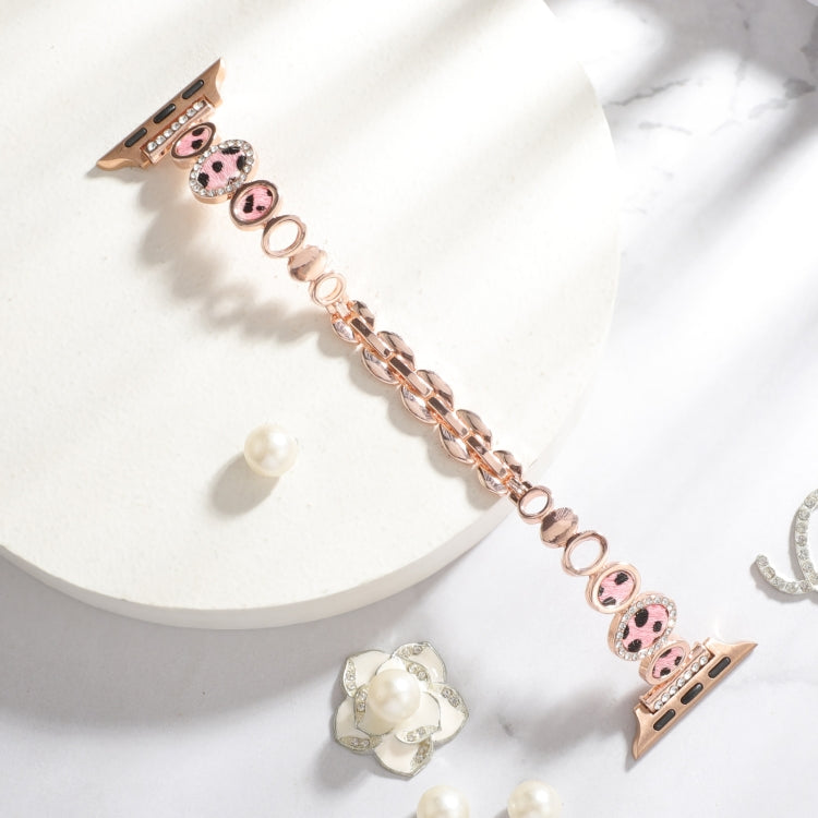 For Apple Watch Series 9 45mm Leopard Rhinestones Metal Chain Watch Band(Rose Gold) - Watch Bands by PMC TechLife | Online Shopping South Africa | PMC TechLife