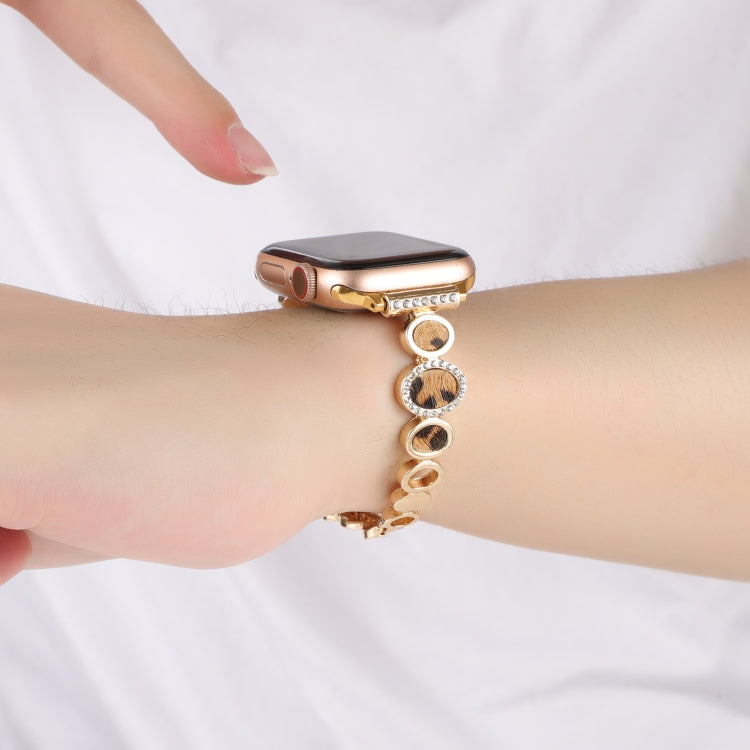 For Apple Watch Series 8 41mm Leopard Rhinestones Metal Chain Watch Band(Gold)