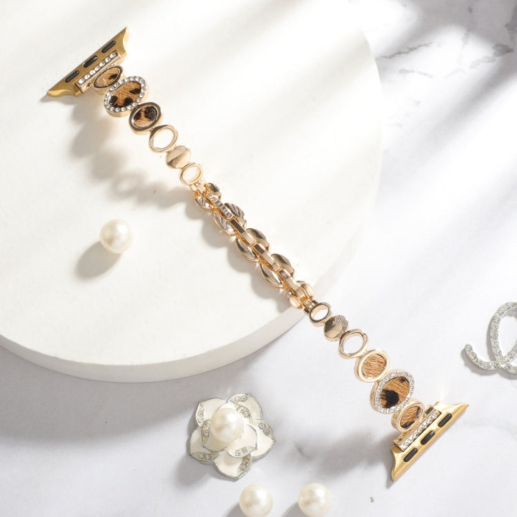 For Apple Watch Series 8 45mm Leopard Rhinestones Metal Chain Watch Band(Gold) - free shipping - PMC TechLife - Order now!