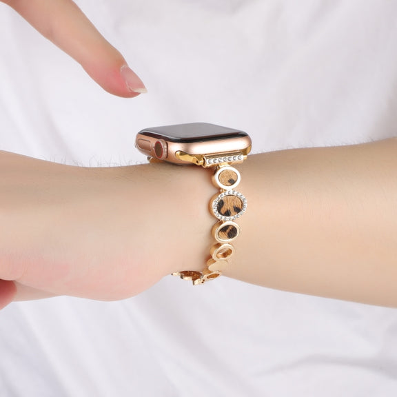 For Apple Watch Series 7 41mm Leopard Rhinestones Metal Chain Watch Band(Gold)