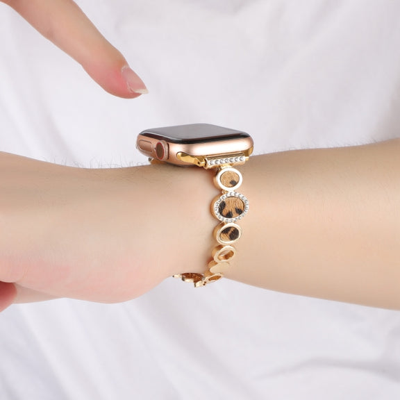 For Apple Watch Series 2 42mm Leopard Rhinestones Metal Chain Watch Band(Gold)