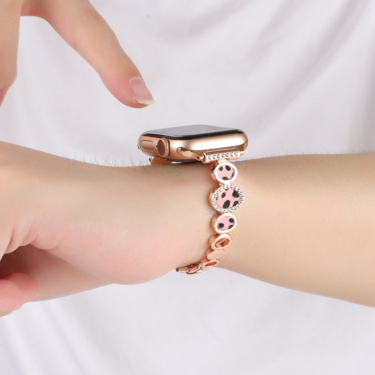 For Apple Watch Series 2 42mm Leopard Rhinestones Metal Chain Watch Band(Rose Gold) - Watch Bands by PMC TechLife | Online Shopping South Africa | PMC TechLife