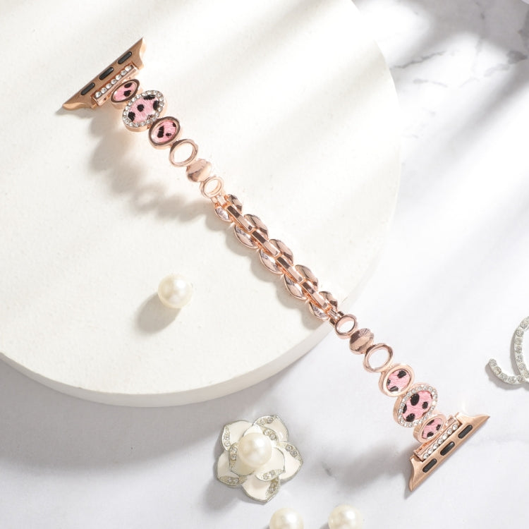 For Apple Watch 42mm Leopard Rhinestones Metal Chain Watch Band(Rose Gold)