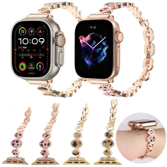 For Apple Watch 42mm Leopard Rhinestones Metal Chain Watch Band(Gold)