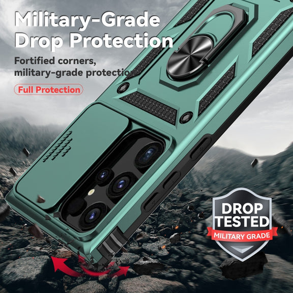 For Samsung Galaxy S24 Ultra 5G Sliding Camshield Holder Phone Case(Dark Green)