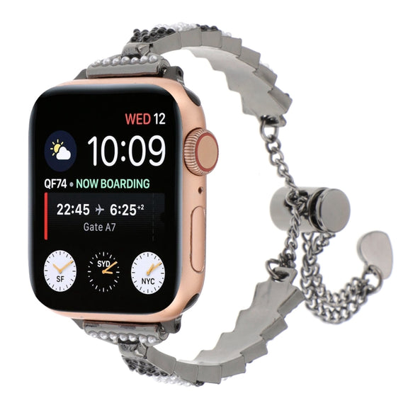For Apple Watch Series 9 45mm Shell Beads Chain Bracelet Metal Watch Band(Black White)