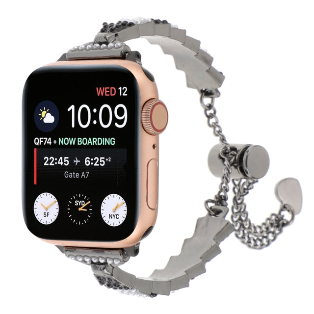 For Apple Watch Series 9 45mm Shell Beads Chain Bracelet Metal Watch Band(Black White)