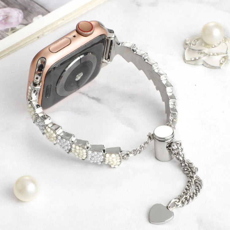 For Apple Watch Series 9 41mm Shell Beads Chain Bracelet Metal Watch Band(Beige White Silver) - Watch Bands by PMC TechLife | Online Shopping South Africa | PMC TechLife