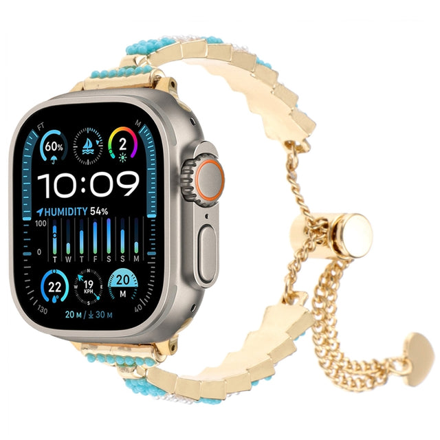 For Apple Watch Ultra 49mm Shell Beads Chain Bracelet Metal Watch Band(Blue White Gold)