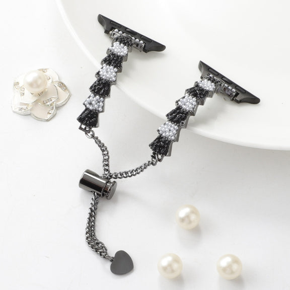 For Apple Watch SE 40mm Shell Beads Chain Bracelet Metal Watch Band(Black White)