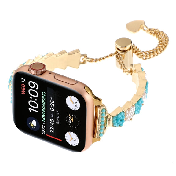 For Apple Watch SE 40mm Shell Beads Chain Bracelet Metal Watch Band(Blue White Gold)