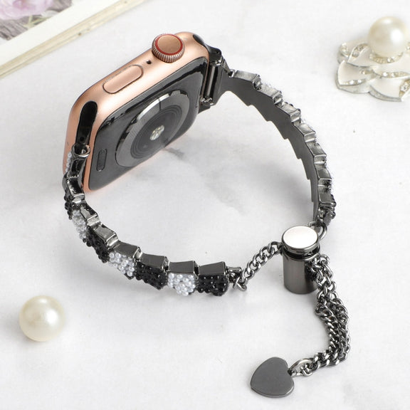 For Apple Watch SE 44mm Shell Beads Chain Bracelet Metal Watch Band(Black White)