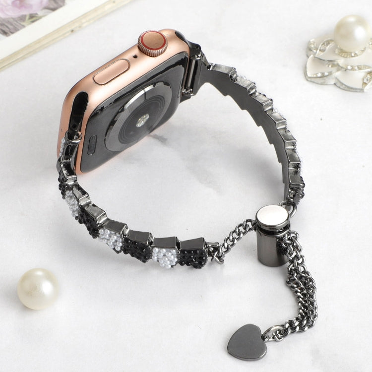 For Apple Watch SE 44mm Shell Beads Chain Bracelet Metal Watch Band(Black White)