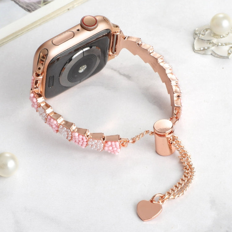 For Apple Watch Series 6 44mm Shell Beads Chain Bracelet Metal Watch Band(Pink White Rose Gold) - Watch Bands by PMC TechLife | Online Shopping South Africa | PMC TechLife