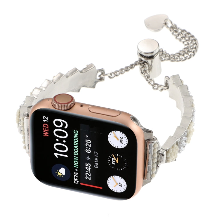 For Apple Watch Series 6 44mm Shell Beads Chain Bracelet Metal Watch Band(Beige White Silver) - Watch Bands by PMC TechLife | Online Shopping South Africa | PMC TechLife