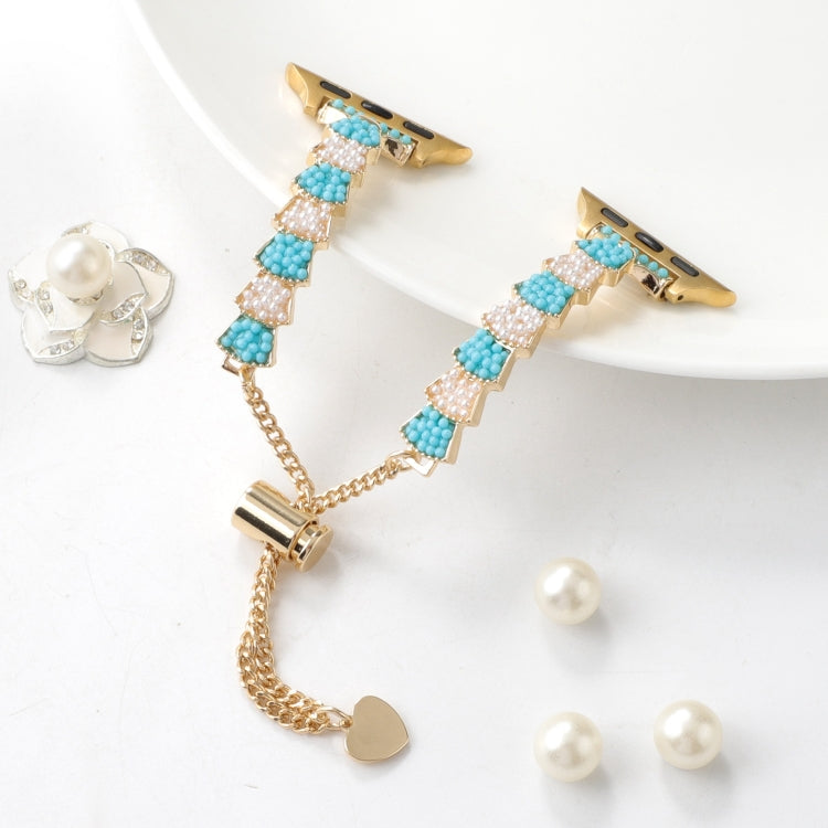 For Apple Watch Series 5 44mm Shell Beads Chain Bracelet Metal Watch Band(Blue White Gold) - free shipping - PMC TechLife - Order now!