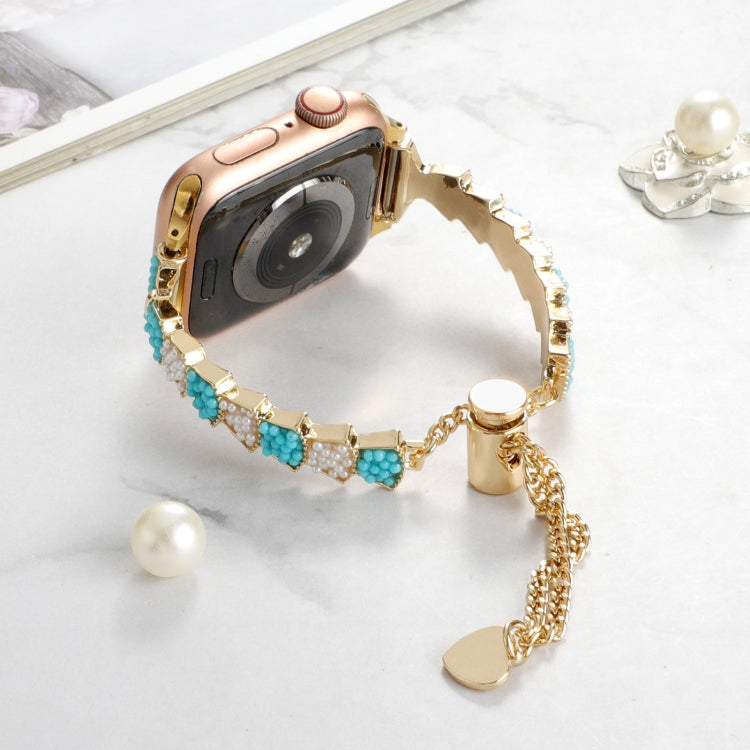 For Apple Watch 42mm Shell Beads Chain Bracelet Metal Watch Band(Blue White Gold)