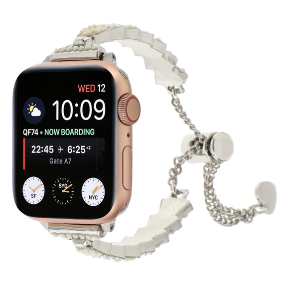 For Apple Watch 42mm Shell Beads Chain Bracelet Metal Watch Band(Beige White Silver)