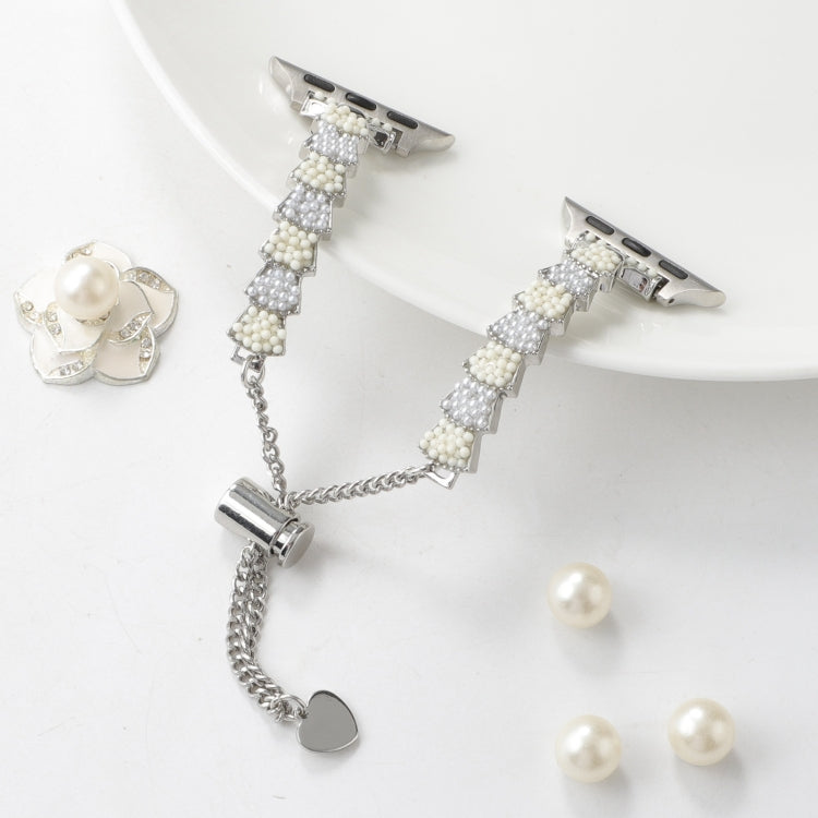 For Apple Watch 38mm Shell Beads Chain Bracelet Metal Watch Band(Beige White Silver) - free shipping - PMC TechLife - Order now!