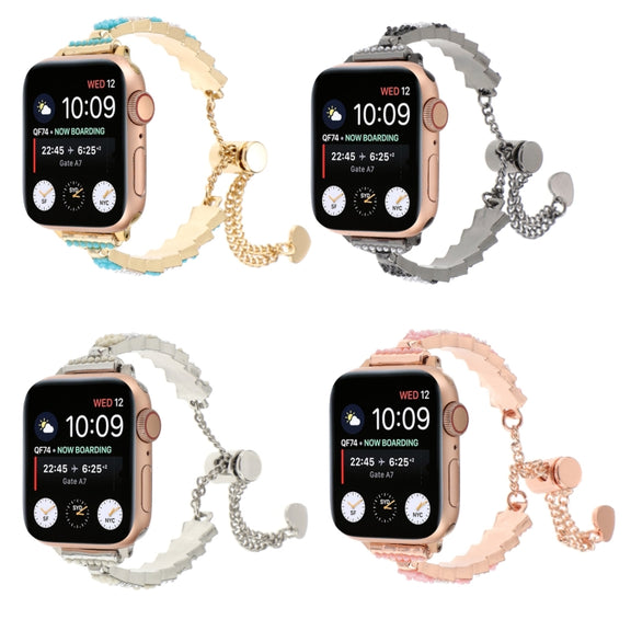 For Apple Watch Series 9 45mm Shell Beads Chain Bracelet Metal Watch Band(Beige White Silver)