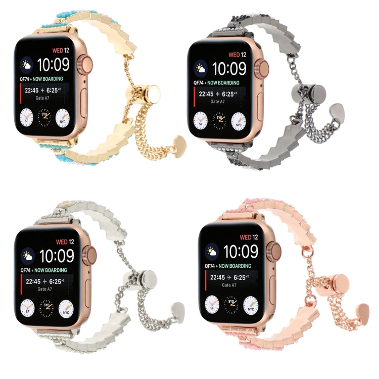 For Apple Watch 38mm Shell Beads Chain Bracelet Metal Watch Band(Beige White Silver)