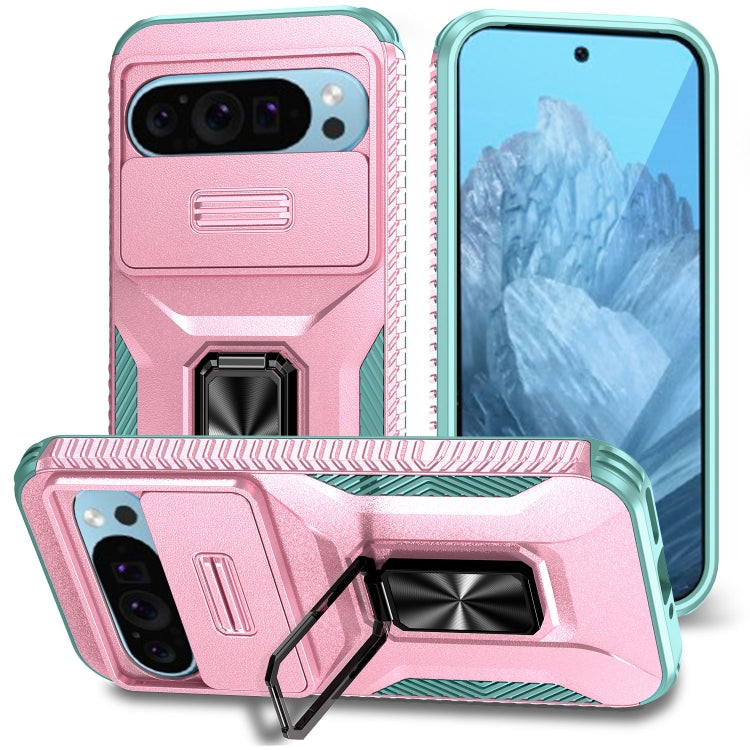For Google Pixel 9 / Pixel 9 Pro Sliding Camshield Holder Phone Case(Pink + Grey Green) - Google Cases by PMC TechLife | Online Shopping South Africa | PMC TechLife | Buy Now Pay Later Mobicred