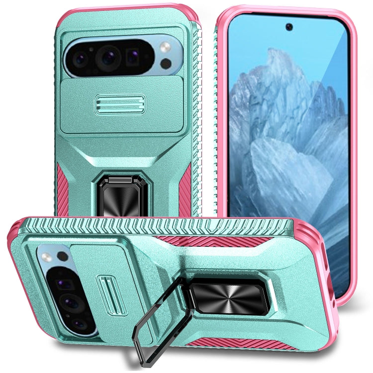 For Google Pixel 9 / Pixel 9 Pro Sliding Camshield Holder Phone Case(Grey Green + Pink) - Google Cases by PMC TechLife | Online Shopping South Africa | PMC TechLife | Buy Now Pay Later Mobicred