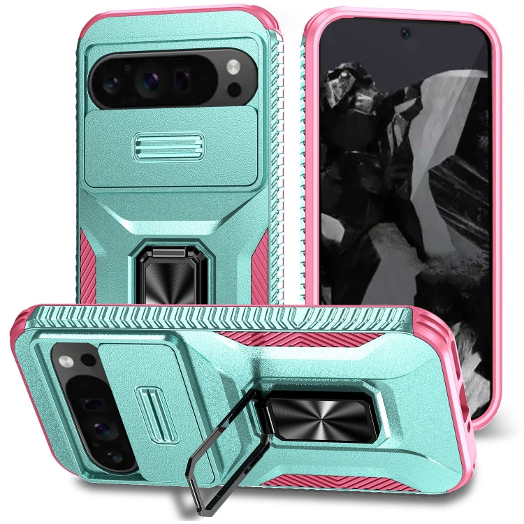 For Google Pixel 9 Pro XL Sliding Camshield Holder Phone Case(Grey Green + Pink) - Google Cases by PMC TechLife | Online Shopping South Africa | PMC TechLife | Buy Now Pay Later Mobicred
