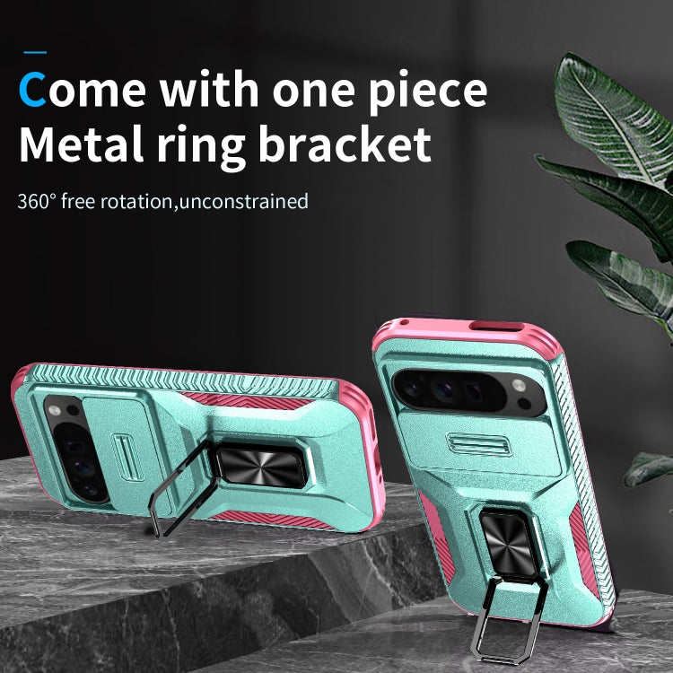 For Google Pixel 9 Pro XL Sliding Camshield Holder Phone Case(Grey Green + Pink) - Google Cases by PMC TechLife | Online Shopping South Africa | PMC TechLife | Buy Now Pay Later Mobicred