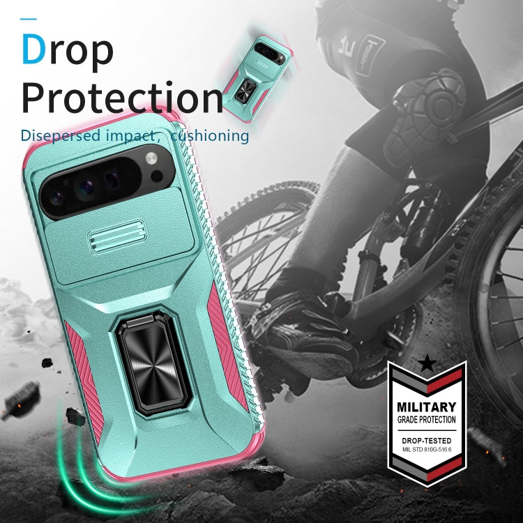 For Google Pixel 9 Pro XL Sliding Camshield Holder Phone Case(Grey Green + Pink) - Google Cases by PMC TechLife | Online Shopping South Africa | PMC TechLife | Buy Now Pay Later Mobicred