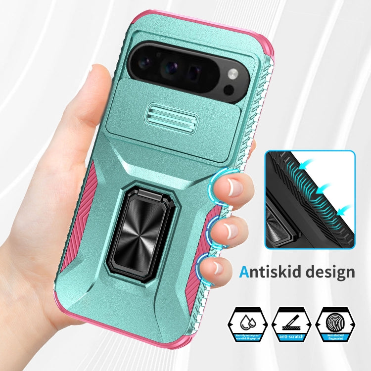For Google Pixel 9 Pro XL Sliding Camshield Holder Phone Case(Grey Green + Pink) - Google Cases by PMC TechLife | Online Shopping South Africa | PMC TechLife | Buy Now Pay Later Mobicred