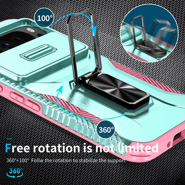 For Google Pixel 9 Pro XL Sliding Camshield Holder Phone Case(Grey Green + Pink) - Google Cases by PMC TechLife | Online Shopping South Africa | PMC TechLife | Buy Now Pay Later Mobicred