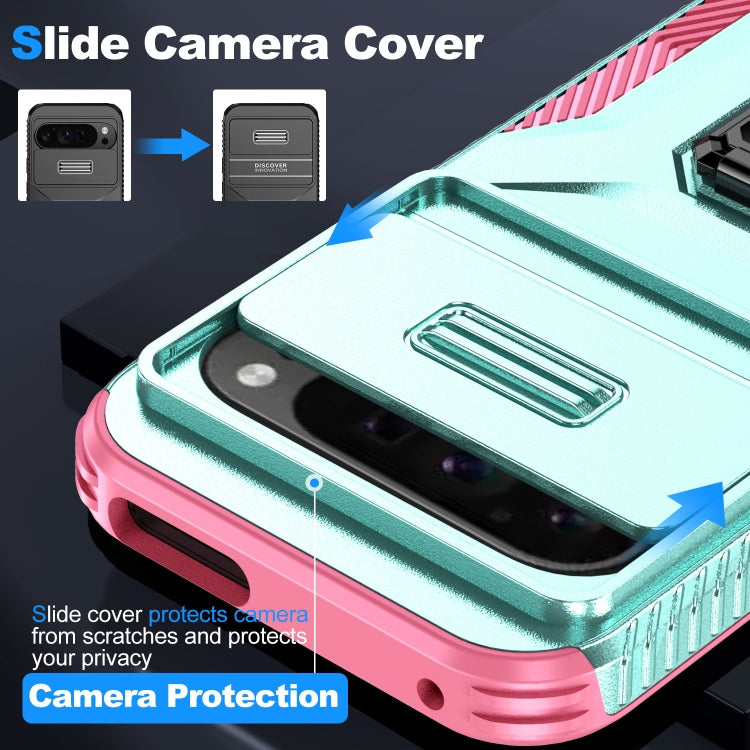 For Google Pixel 9 Pro XL Sliding Camshield Holder Phone Case(Grey Green + Pink) - Google Cases by PMC TechLife | Online Shopping South Africa | PMC TechLife | Buy Now Pay Later Mobicred