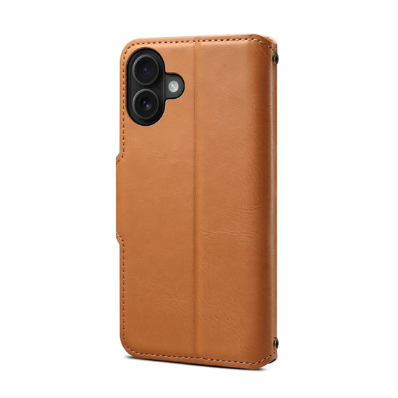 For iPhone 16 Plus Denior Cowhide Texture Wallet Style Leather Phone Case(Khaki)