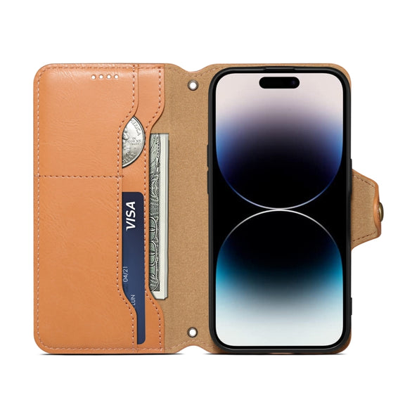 For iPhone 16 Plus Denior Cowhide Texture Wallet Style Leather Phone Case(Khaki)
