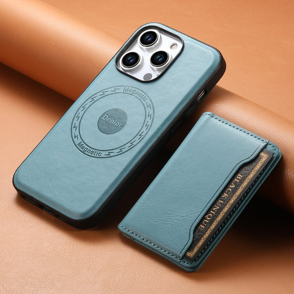 For iPhone 15 Denior Cowhide Texture Leather MagSafe Detachable Wallet Phone Case(Blue)