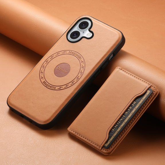 For iPhone 16 Denior Cowhide Texture Leather MagSafe Detachable Wallet Phone Case(Khaki)